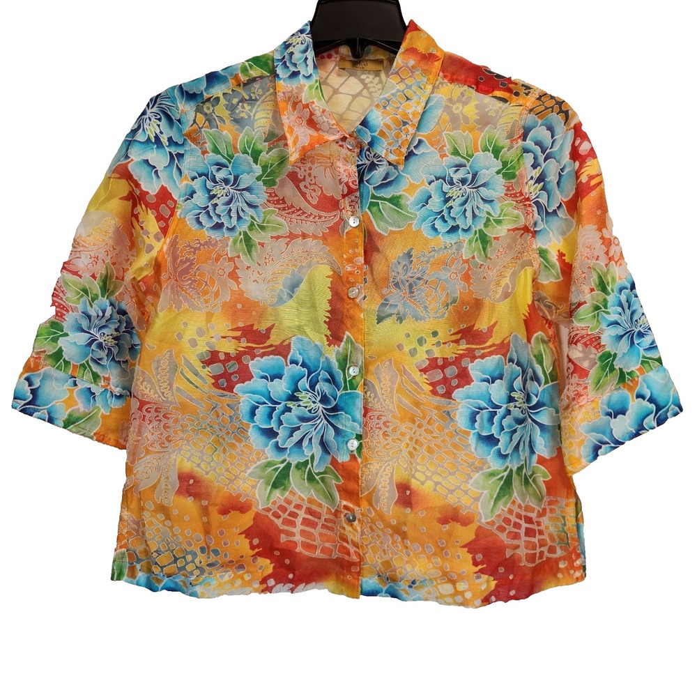 Valerie Stevens Petite Shirt PXL Sheer Linen Bland Orange Blue Floral Blouse